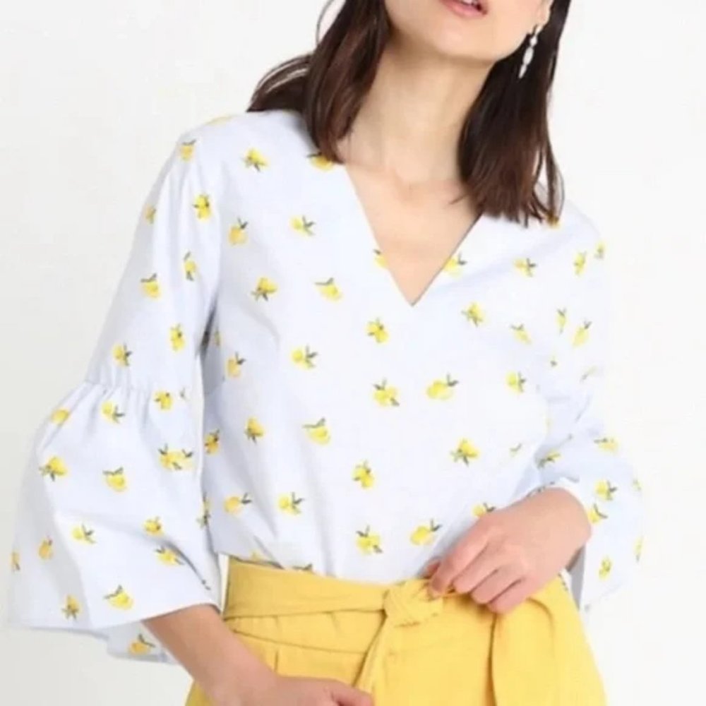 🍋🍋NWOT Banana Republic Lemon Printed Light Blue Blouse, Size Medium